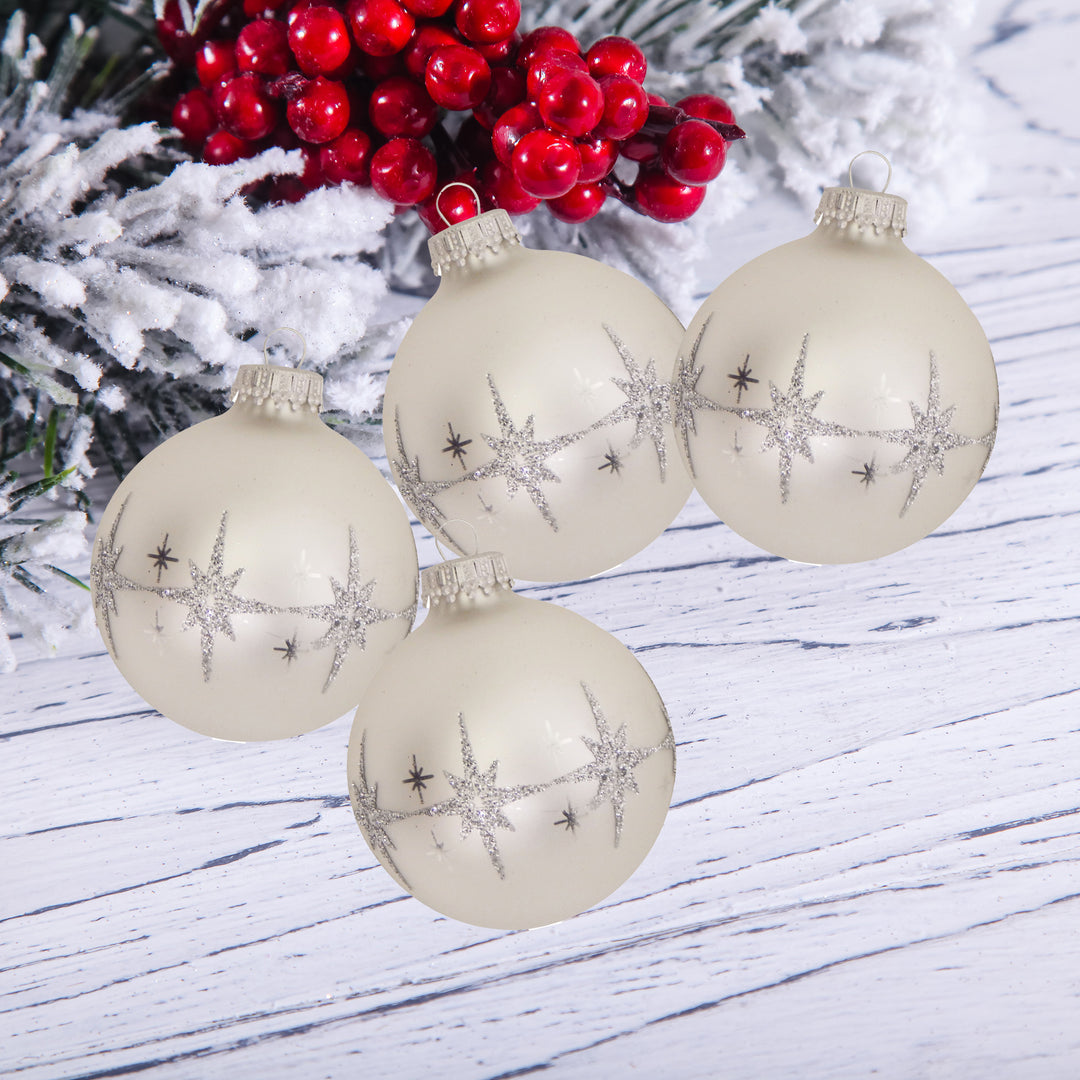 2 5/8" (67mm) Ball Ornaments Silver Pearl with Lacquer / Silver Glitter Bethlehem Stars, 4/Box, 12/Case, 48 Pieces