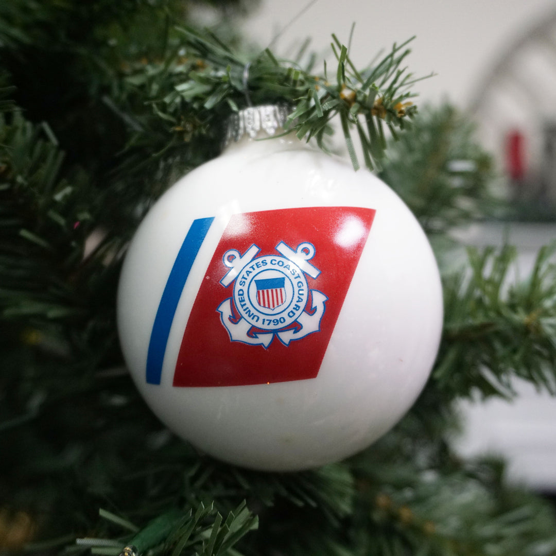 3 1/4" (80mm) Ball Ornaments, US Coast Guard Logo and Established Date, White Satin, 1/Box, 12/Case, 12 Pieces