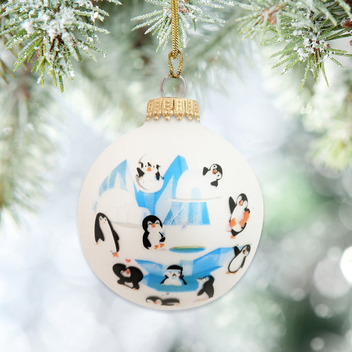 2 5/8" (67mm) Glass Ball Ornaments, White Velvet - Penguins , 4/Box, 12/Case, 48 Pieces