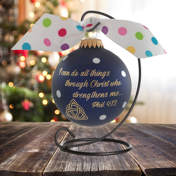 3 1/4" (80mm) Personalizable Hugs Specialty Gift Ornaments, Midnight Haze Glass Ball with I can do all things through Christ