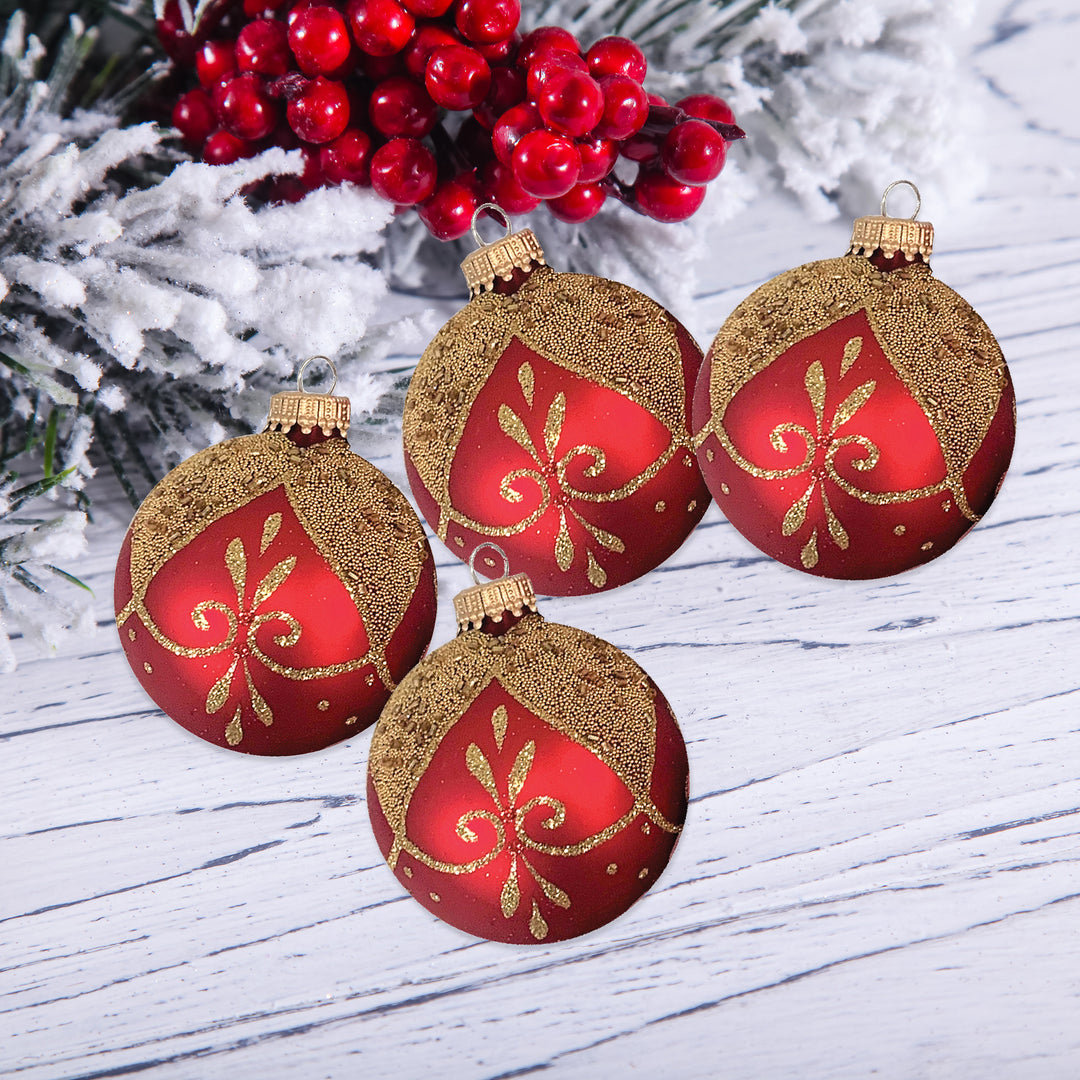 2 5/8" (67mm) Glass Ball Ornaments, Red Velvet - Gold Floral Drapes, 4/Box, 12/Case, 48 Pieces