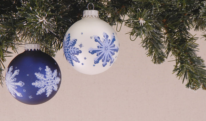2 5/8" (67mm) Glass Ball Ornaments, Silver Pearl and Midnight Haze with Blue Double Snowflakes, 4/Box, 12/Case, 48 Pieces