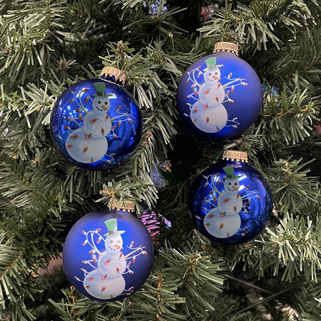2 5/8" (67mm) Glass Ball Ornaments, Victoria Blue / Royal Velvet with Snowman Tangled in Lights, 4/Box, 12/Case, 48 Pieces