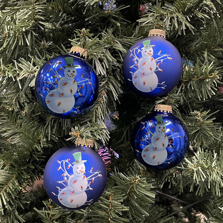 2 5/8" (67mm) Glass Ball Ornaments, Victoria Blue / Royal Velvet with Snowman Tangled in Lights, 4/Box, 12/Case, 48 Pieces