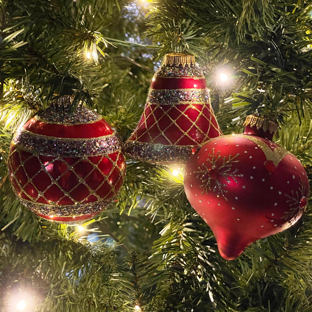 3 1/4" (80mm) Ball Ornaments Highly Decorated Set, Red/Gold, 9/Box, 6/Case, 54 Pieces