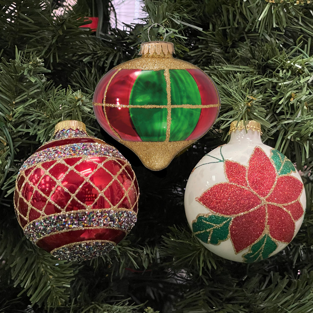3 1/4" (80mm) Ball Ornaments Traditional Decorated Set, Red/Multi, 9/Box, 6/Case, 54 Pieces