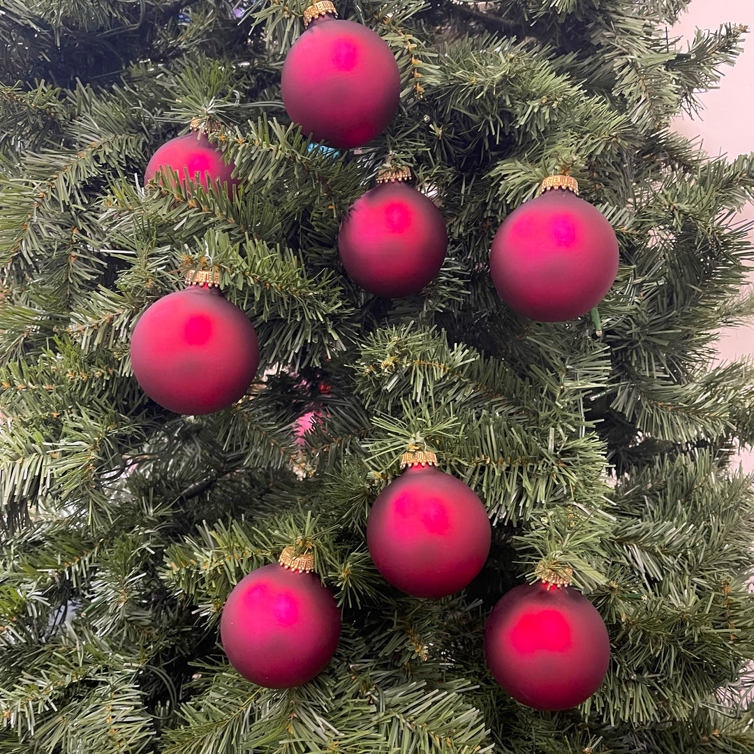 2 5/8" (67mm) Ball Ornaments, Gold Caps, Garnet Velvet, 8/Box, 12/Case, 96 Pieces