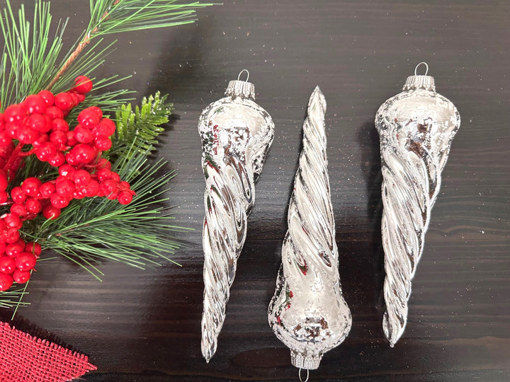 6" (150mm) Bright Silver Twisted Icicle Figurine Ornaments, 3/Box, 12/Case, 36 Pieces