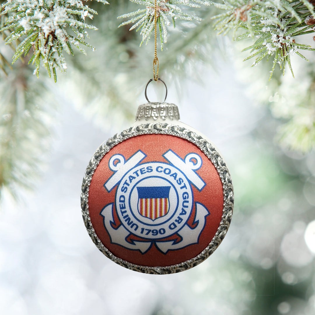 3 1/4" (80mm) Glass Ball Ornaments, White Satin - Silk Coast Guard Logo and Hymn, 1/Box, 12/Case, 12 Pieces