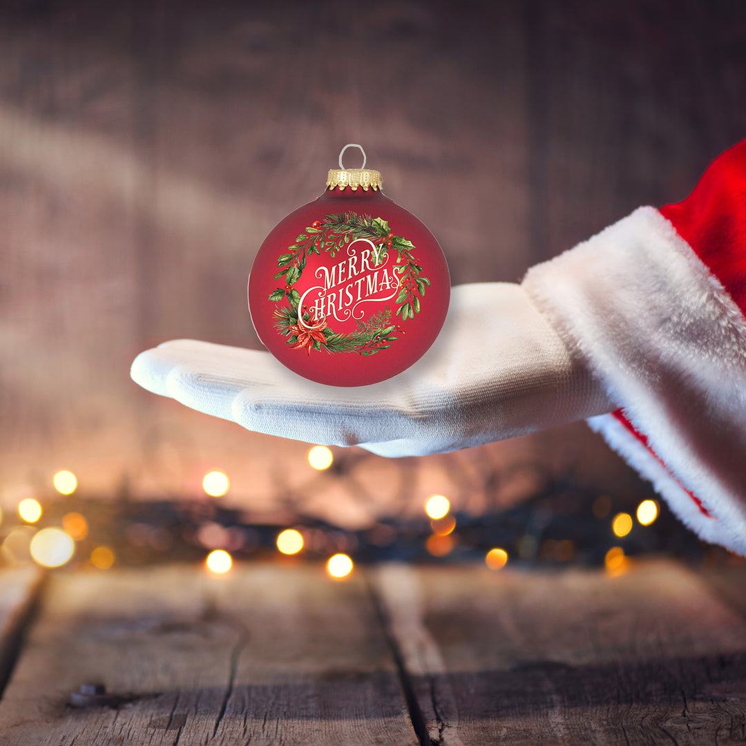 2 5/8" (67mm) Glass Ball Ornaments, Red Velvet with Merry Christmas Wreath, 4/Box, 12/Case, 48 Pieces