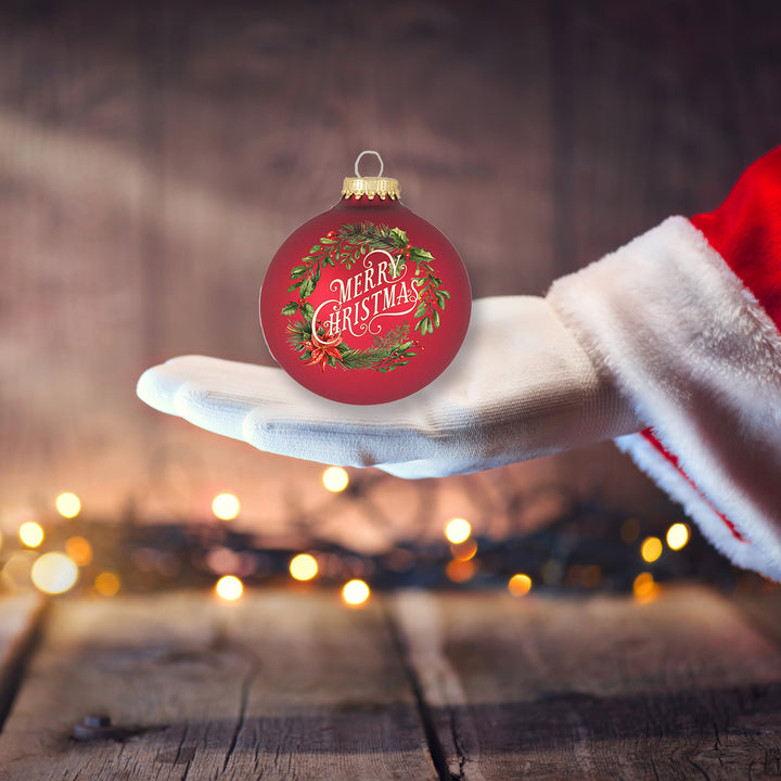 2 5/8" (67mm) Glass Ball Ornaments, Red Velvet with Merry Christmas Wreath, 4/Box, 12/Case, 48 Pieces