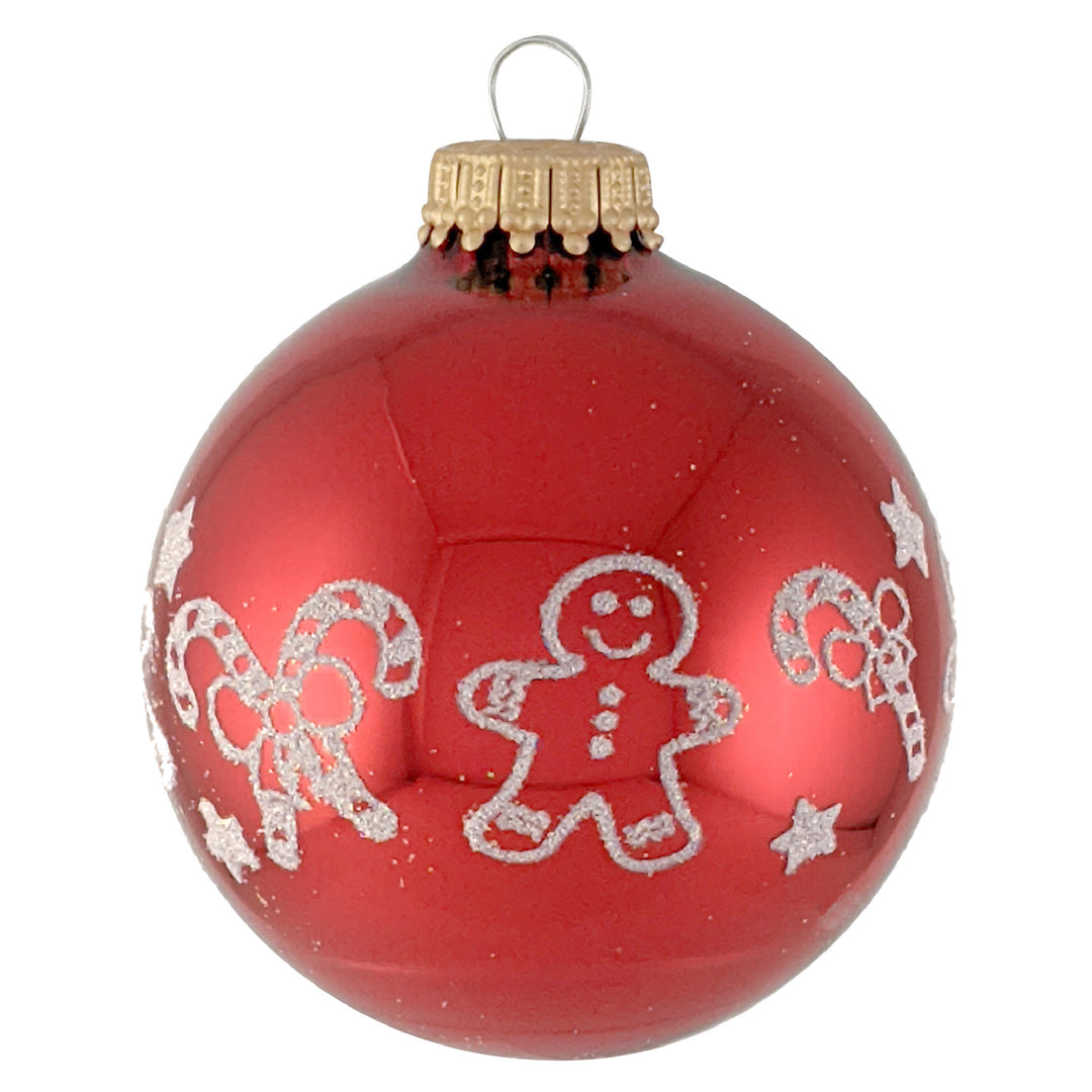 2 5/8" (67mm) Ball Ornaments Christmas Red with White Glitter Gingerbread and Candy Cane Band, 4/Box, 12/Case, 48 Pieces