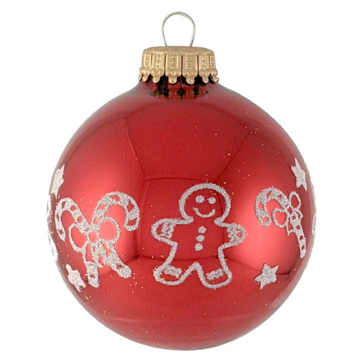 2 5/8" (67mm) Ball Ornaments Christmas Red with White Glitter Gingerbread and Candy Cane Band, 4/Box, 12/Case, 48 Pieces