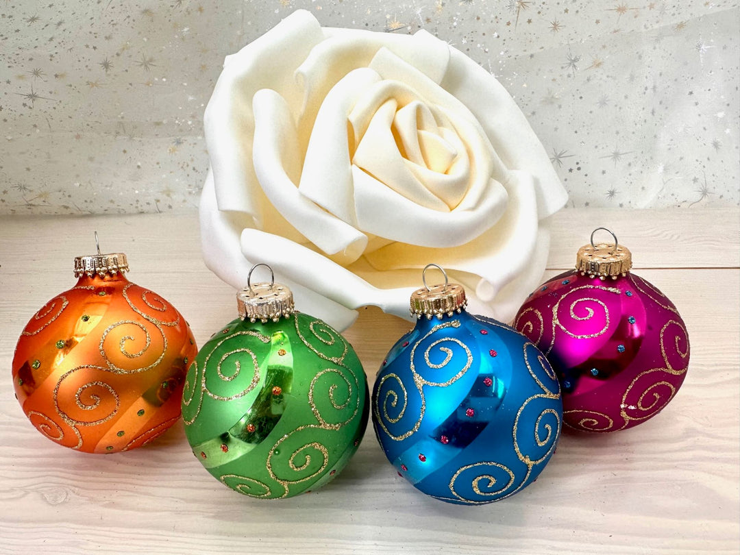 2 5/8" (67mm) Glass Ball Ornaments, Candy Brights with Dotted Swirls and Scrolls, 4/Box, 12/Case, 48 Pieces