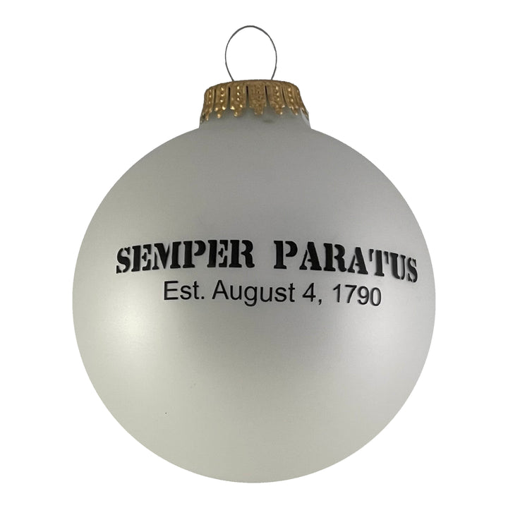 3 1/4" (80mm) Ball Ornaments, US Coast Guard Logo and Established Date, White Satin, 1/Box, 12/Case, 12 Pieces
