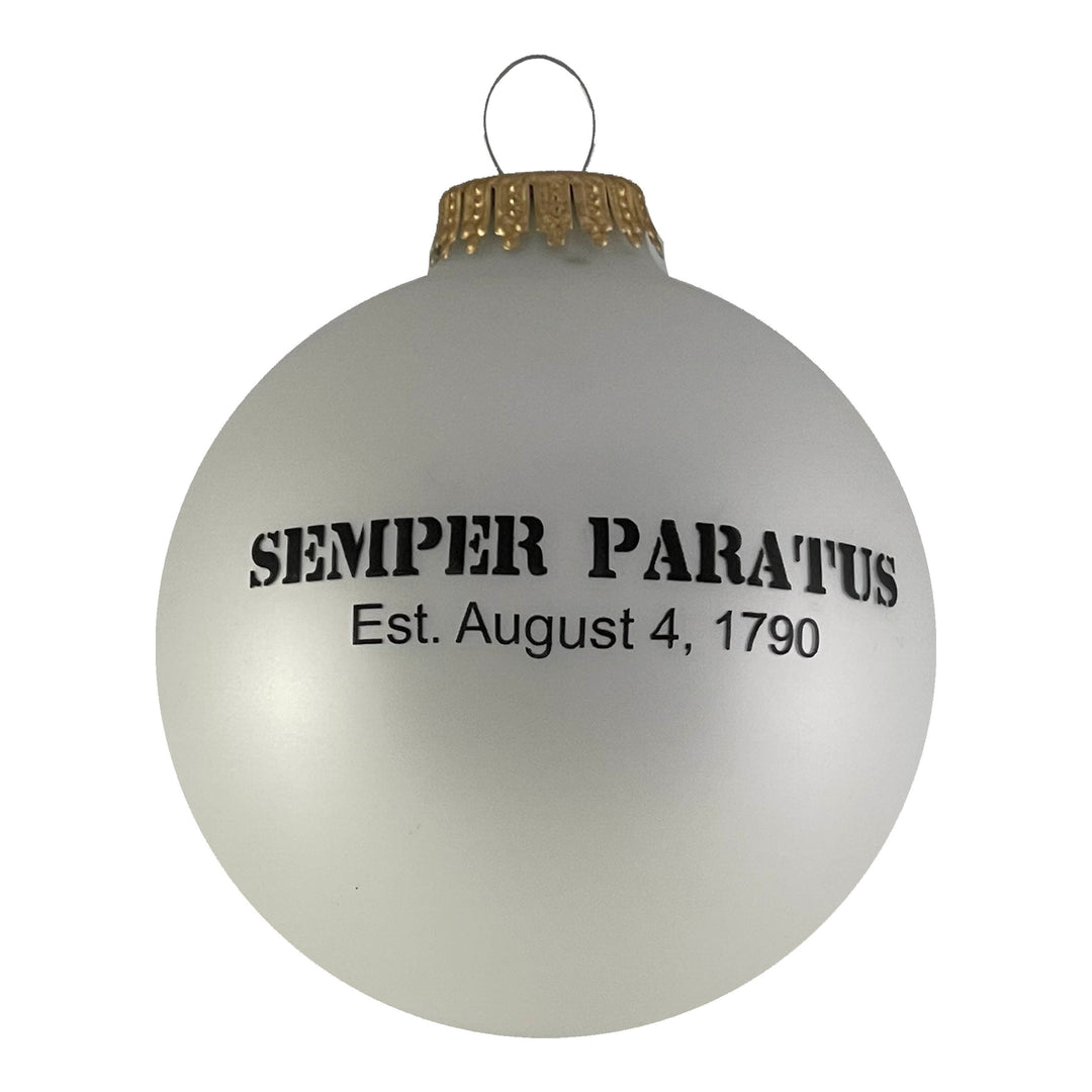 3 1/4" (80mm) Ball Ornaments, US Coast Guard Logo and Established Date, White Satin, 1/Box, 12/Case, 12 Pieces