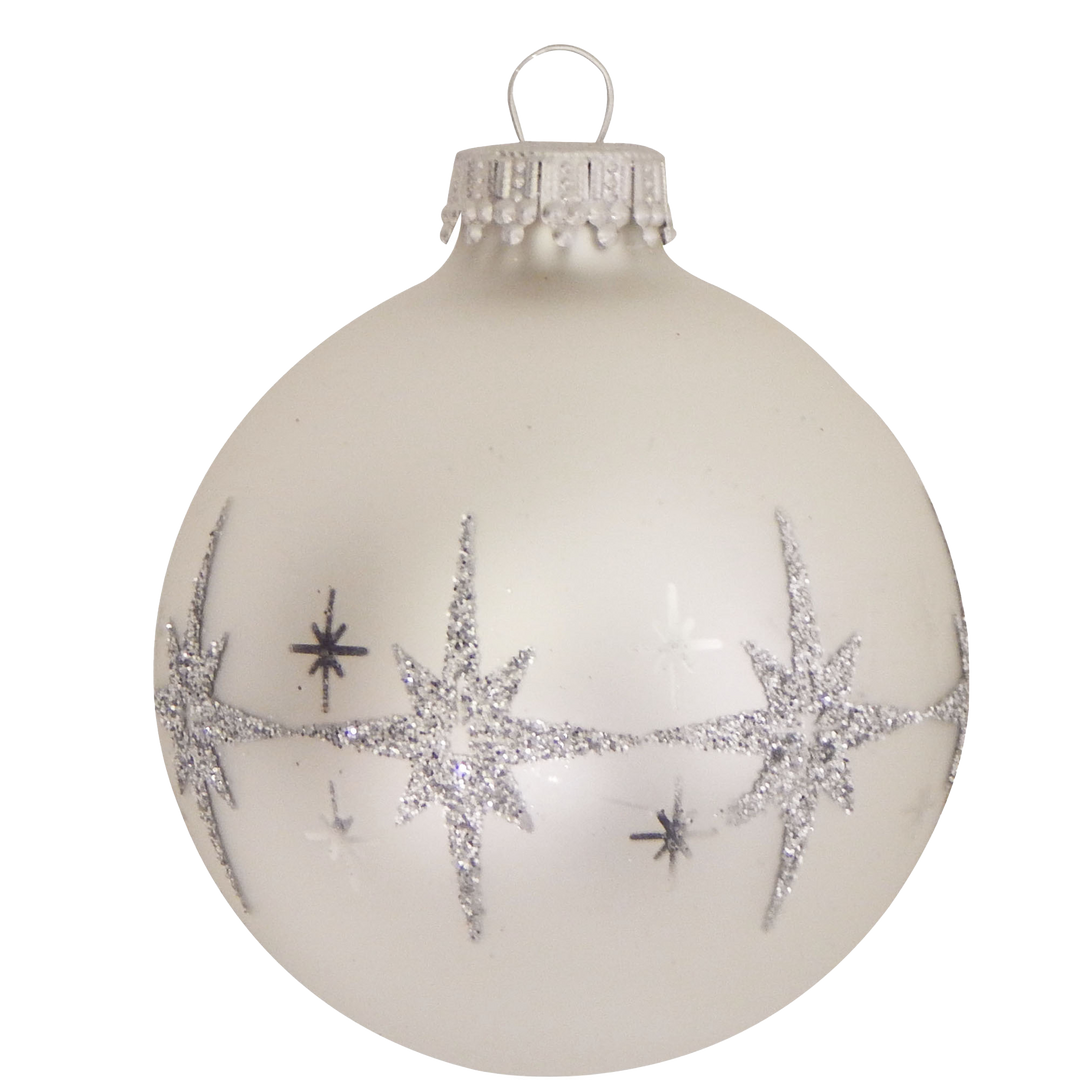 2 5/8" (67mm) Ball Ornaments Silver Pearl with Lacquer / Silver Glitter Bethlehem Stars, 4/Box, 12/Case, 48 Pieces