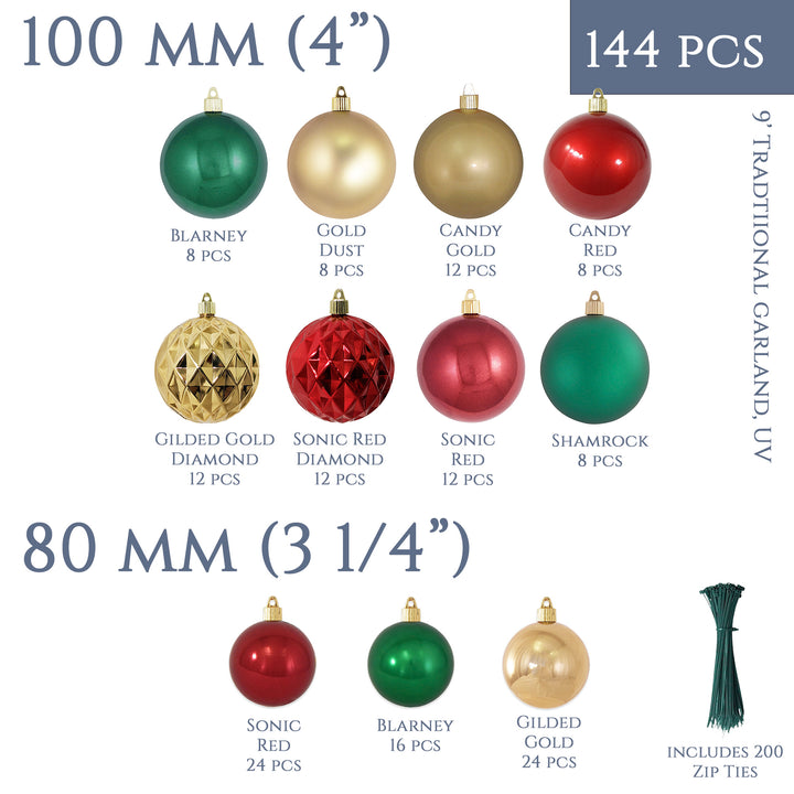 Christmas By Krebs Shatterproof 9 Ft. Garland Decorating Kits - ORNAMENTS ONLY - UV and Weather Resistant (Traditional Red Green & Gold)