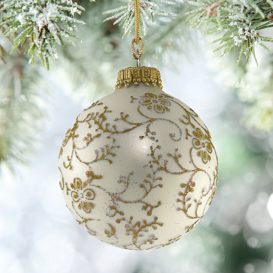 2 5/8" (67mm) Glass Ball Ornaments, Classic Antique Velvet with Gold Glitterlace, 4/Box, 12/Case, 48 Pieces