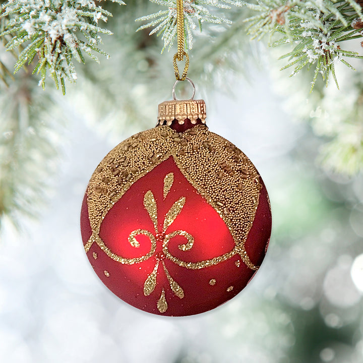 2 5/8" (67mm) Glass Ball Ornaments, Red Velvet - Gold Floral Drapes, 4/Box, 12/Case, 48 Pieces