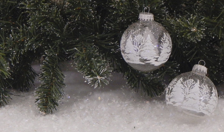 2 5/8" (67mm) Glass Ball Ornaments, Clear with White / Silver Festive Trees, 4/Box, 12/Case, 48 Pieces
