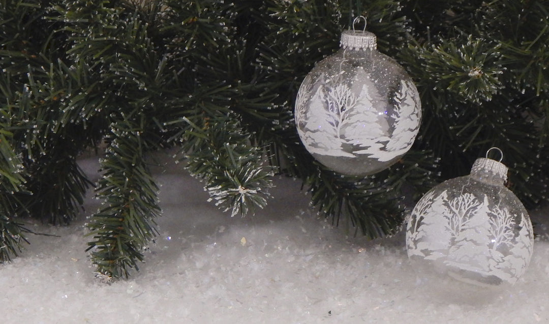 2 5/8" (67mm) Glass Ball Ornaments, Clear with White / Silver Festive Trees, 4/Box, 12/Case, 48 Pieces