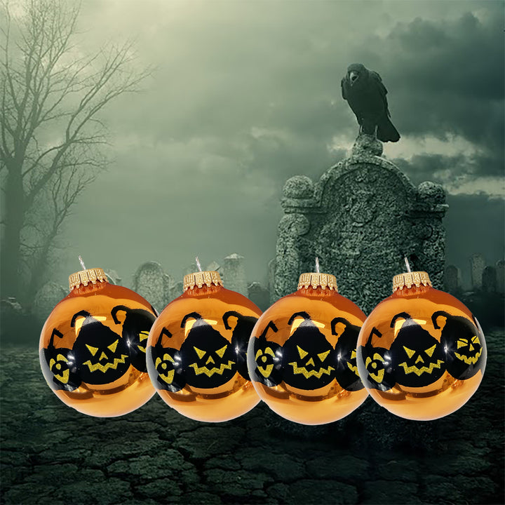 2 5/8" (67mm) Halloween Ball Ornaments Solid Orange Crush with Jack-O-Lanterns 4/Box, 12/Case, 48 Pieces