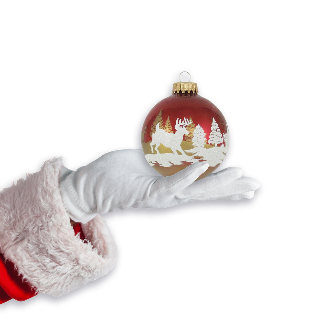 2 5/8" (67mm) Glass Ball Ornaments, Ribbon Red with Winter Deer Scene, 4/Box, 12/Case, 48 Pieces