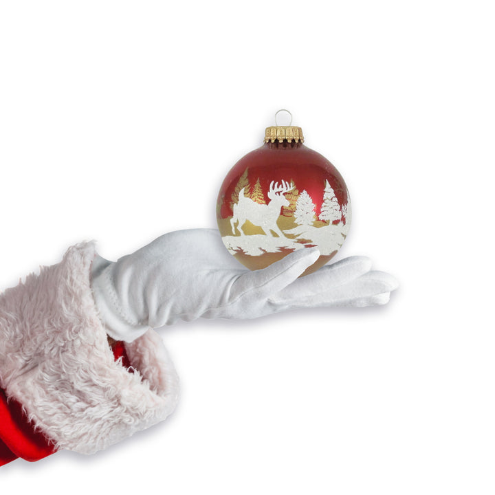 2 5/8" (67mm) Glass Ball Ornaments, Ribbon Red with Winter Deer Scene, 4/Box, 12/Case, 48 Pieces