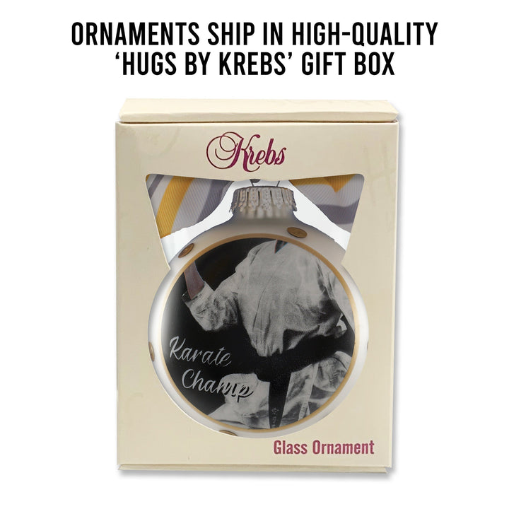 3 1/4" (80mm) Personalizable Hugs Specialty Gift Ornaments, Stirling Silver Glass Ball with Karate Champ