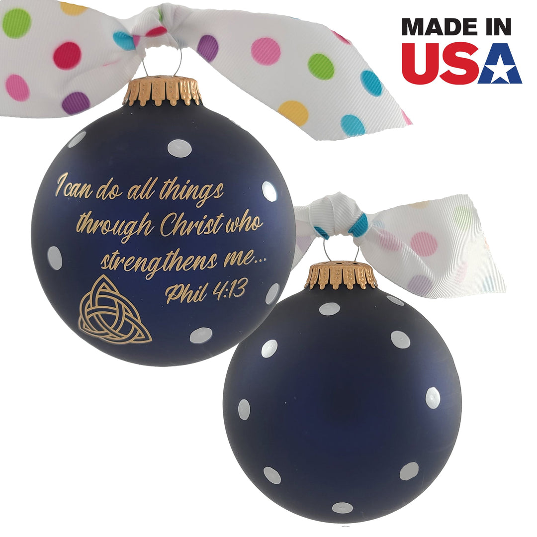 3 1/4" (80mm) Personalizable Hugs Specialty Gift Ornaments, Midnight Haze Glass Ball with I can do all things through Christ