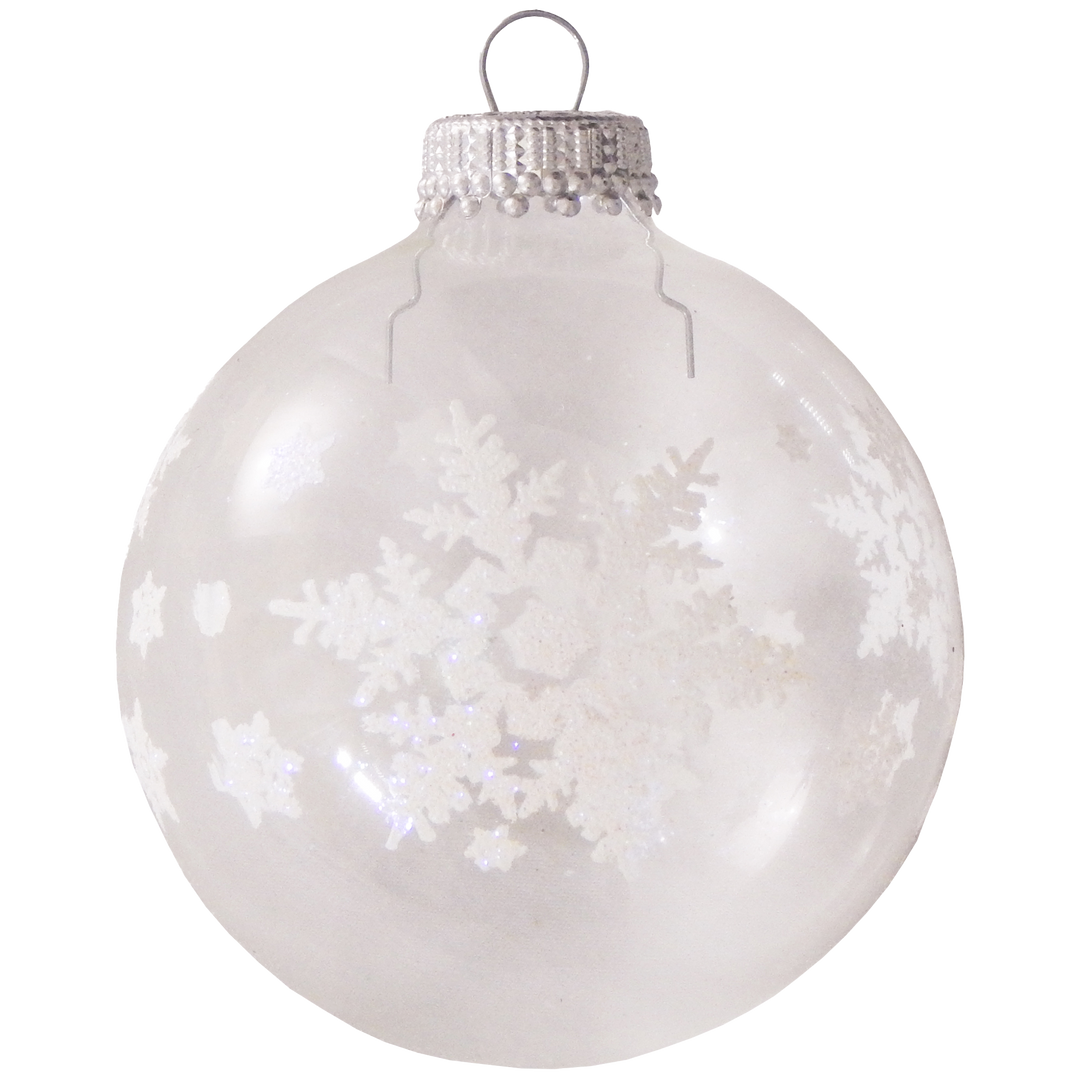 2 5/8" (67mm) Ball Ornaments Clear with White Big Snowflakes, 4/Box, 12/Case, 48 Pieces