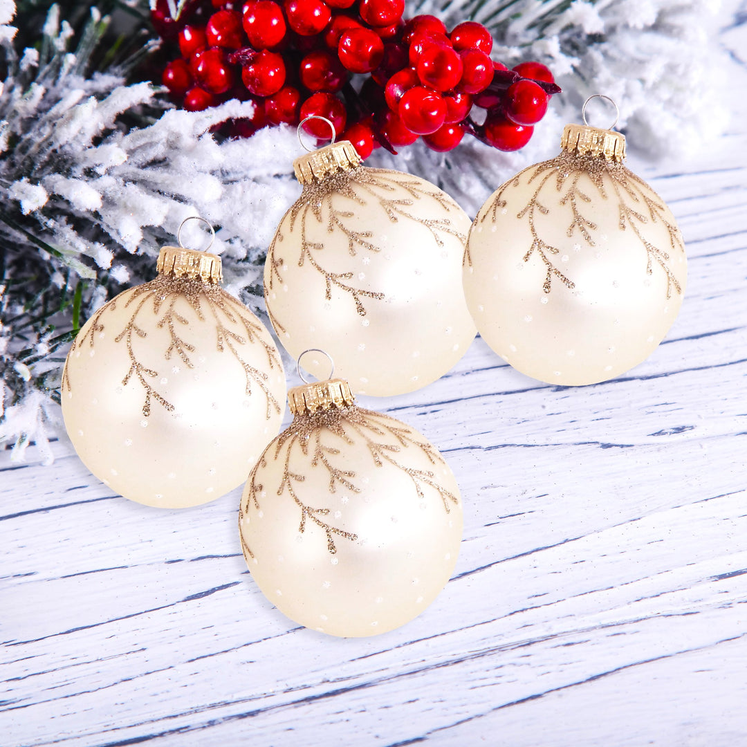 2 5/8" (67mm) Ball Ornaments, Vanilla Ice Velvet with Hanging Branches, Gold Crown Caps - 4/Box, 12/Case, 48 Pieces