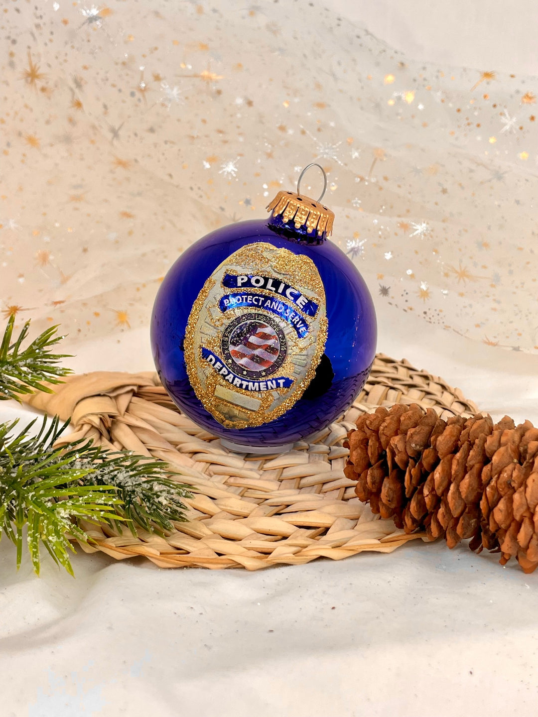 3 1/4" (80mm) Victoria Blue Glass Ball Ornaments, First Responder Police Logo, 1/Box, 12/Case, 12 Pieces