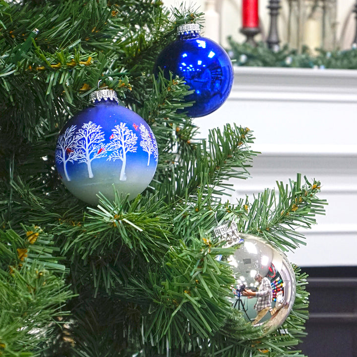 2 5/8" (67mm) Ball Ornaments, Silver/Blue Glass Ball with Trees & Cardinals Variety Set, 12/Box, 12/Case, 144 Pieces