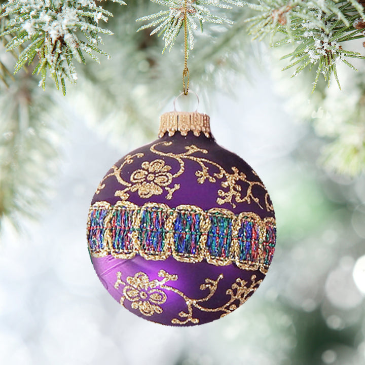 2 5/8" (67mm) Ball Ornaments Magenta Purple / Plum Velvet, Glitterlace and Braid, 4/Box, 12/Case, 48 Pieces