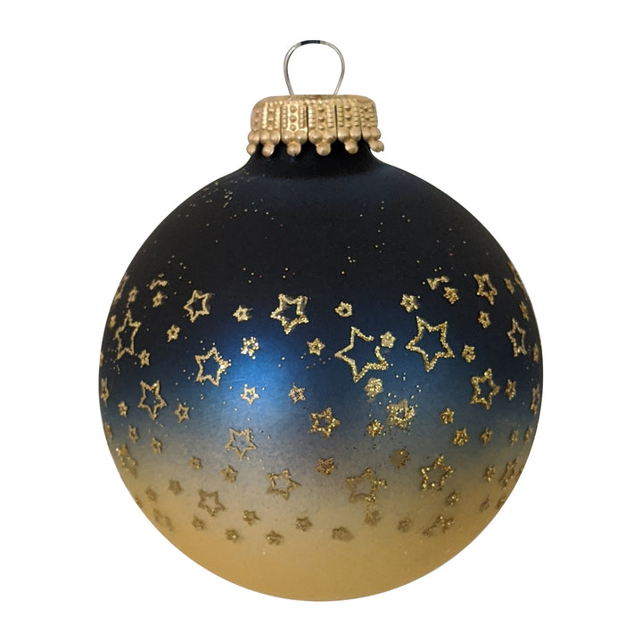 2 5/8" (67mm) Glass Ball Ornaments, Bi-Color Midnight Haze Top / Chiffon Gold Bottom with Gold Glitter Star Band, 4/Box, 12/Case, 48 Pieces