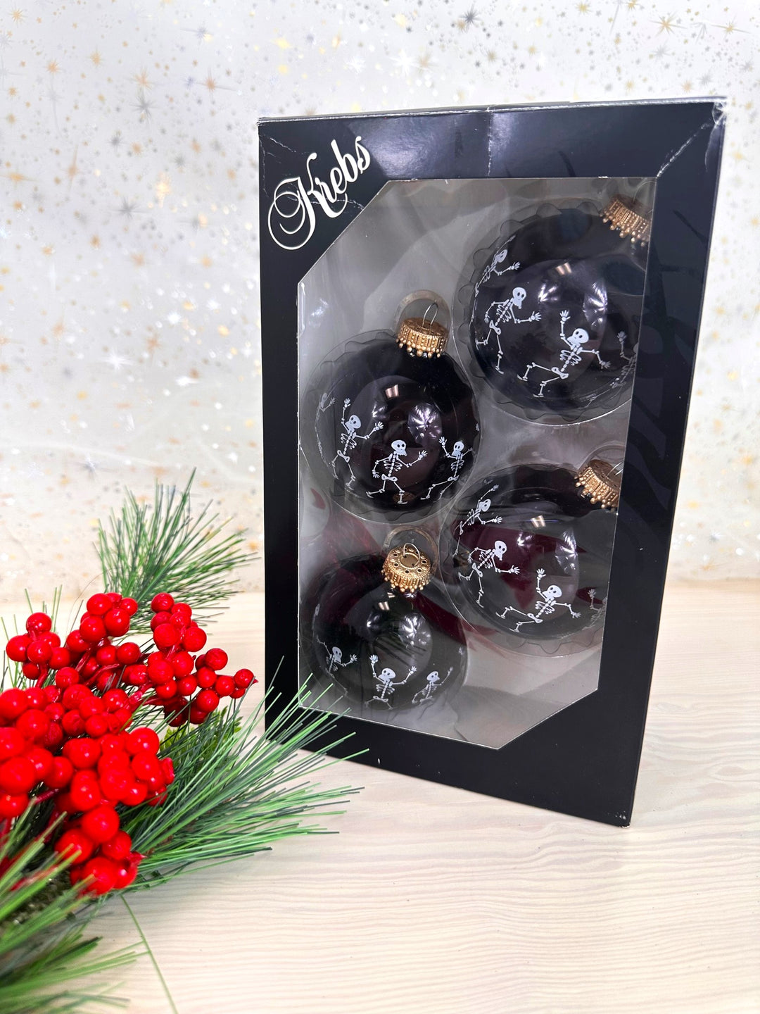 2 5/8" (67mm) Halloween Ball Ornaments Solid Ebony Shine with Dancing Skeletons 4/Box, 12/Case, 48 Pieces