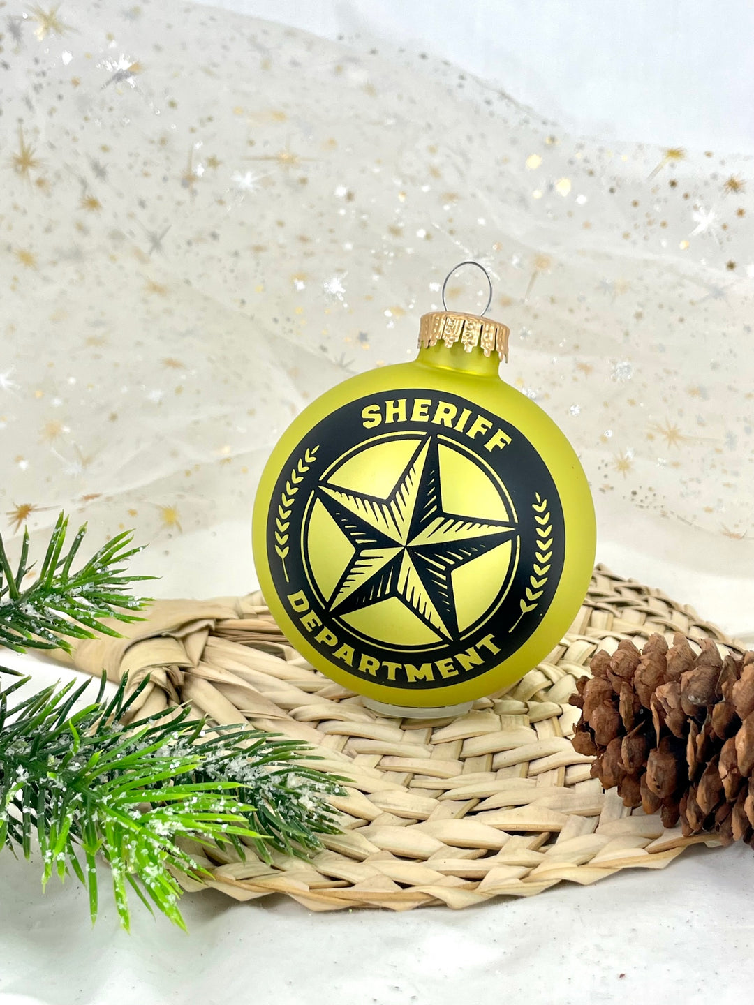 3 1/4" (80mm) Ball Ornaments, Sheriff and Saying, Gold Velvet, 1/Box, 12/Case, 12 Pieces
