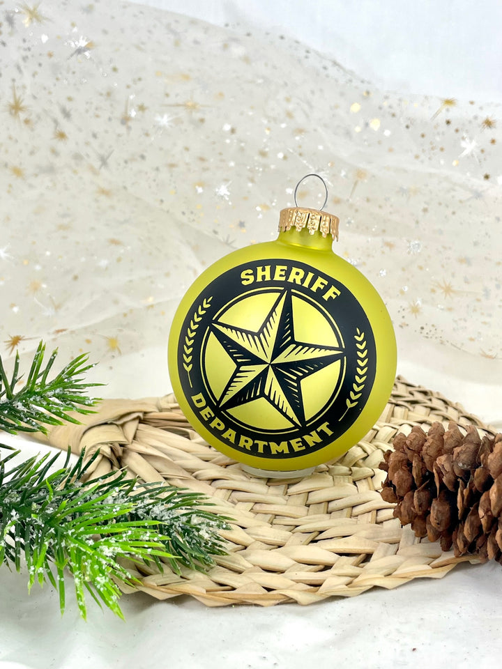 3 1/4" (80mm) Ball Ornaments, Sheriff and Saying, Gold Velvet, 1/Box, 12/Case, 12 Pieces