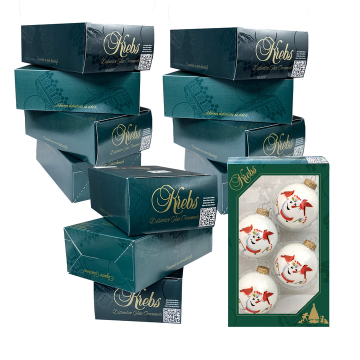 2 5/8" (67mm) Glass Ball Ornaments, Porcelain White - Snowman and Red Cardinals, 4/Box, 12/Case, 48 Pieces