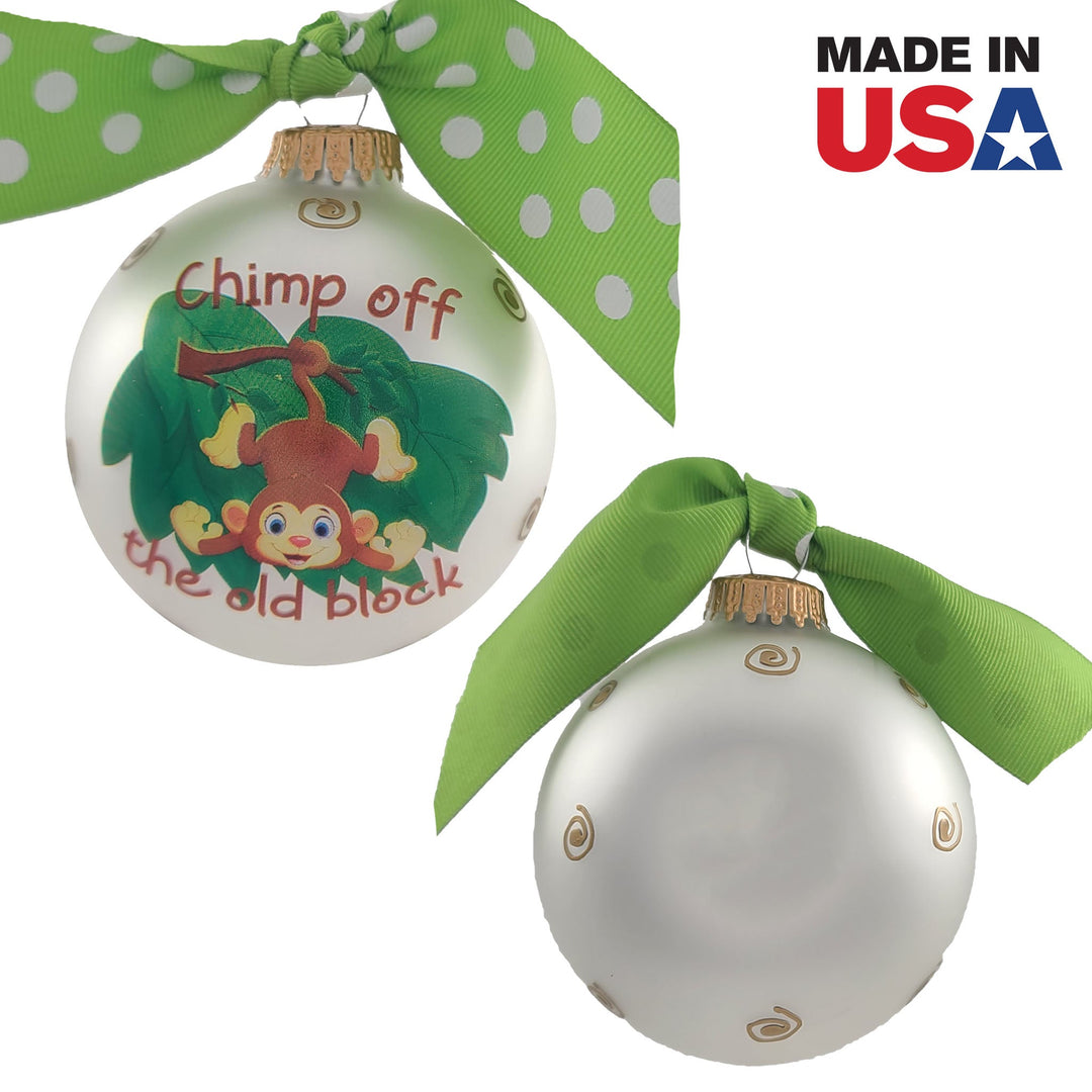 3 1/4" (80mm) Personalizable Hugs Specialty Gift Ornaments, Silver Pearl Glass Ball with Chimp off the old block