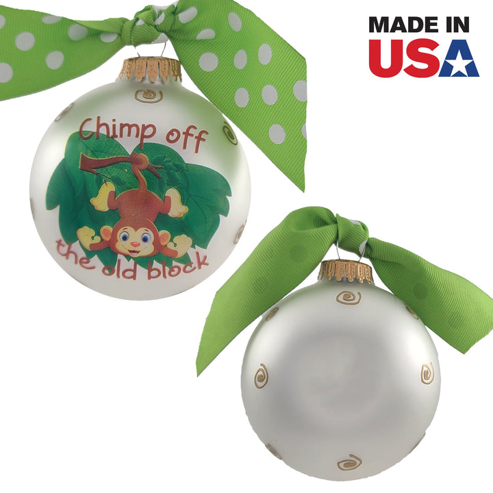 3 1/4" (80mm) Personalizable Hugs Specialty Gift Ornaments, Silver Pearl Glass Ball with Chimp off the old block