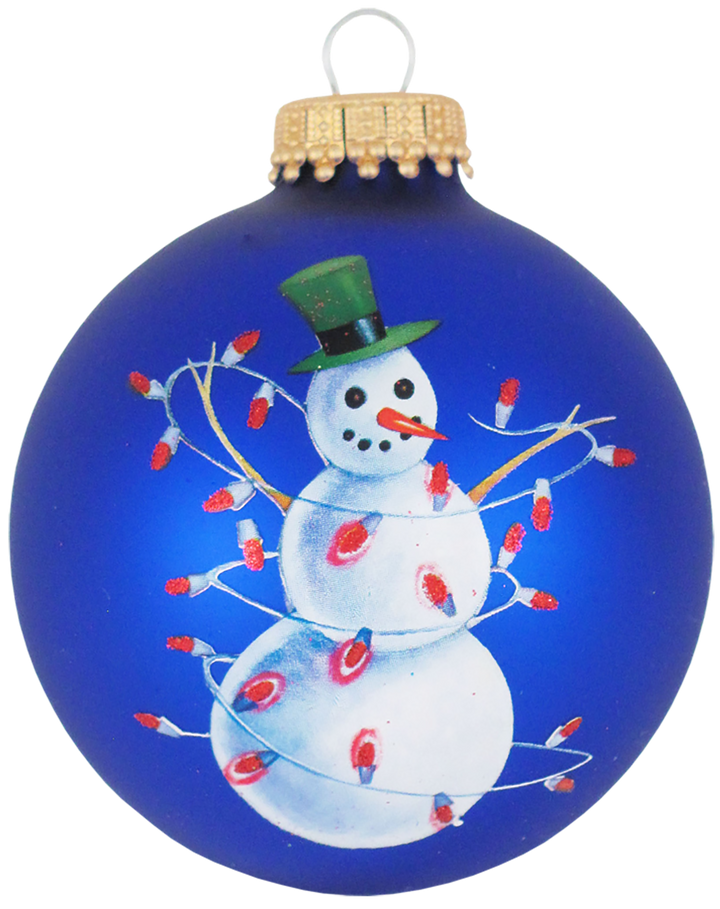 2 5/8" (67mm) Glass Ball Ornaments, Victoria Blue / Royal Velvet with Snowman Tangled in Lights, 4/Box, 12/Case, 48 Pieces