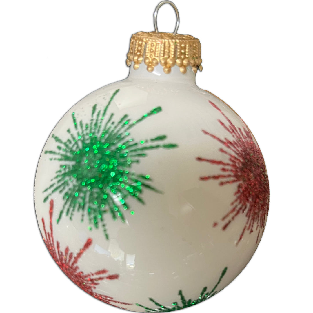 2 5/8" (67mm) Glass Ball Ornaments, Porcelain White with Green and Red Starlight with Gold Crown Cap, 4/Box, 12/Case, 48 Pieces