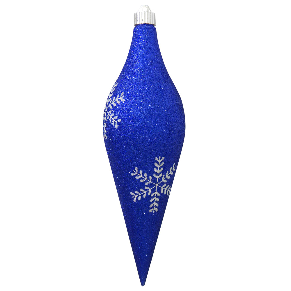 12 2/3" (320mm) Large Commercial Shatterproof Drop Ornaments, Dark Blue Glitter with Silver Leafy Flakes, Case, 12 Pieces