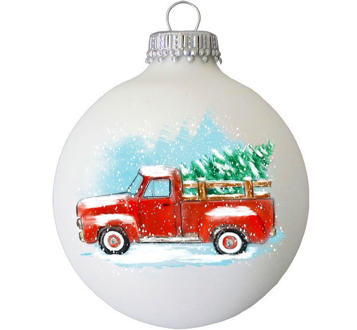 2 5/8" (67mm) Classic White Velvet Ball Ornaments with Red Vintage Watercolor Truck, 4/Box, 12/Case, 48 Pieces