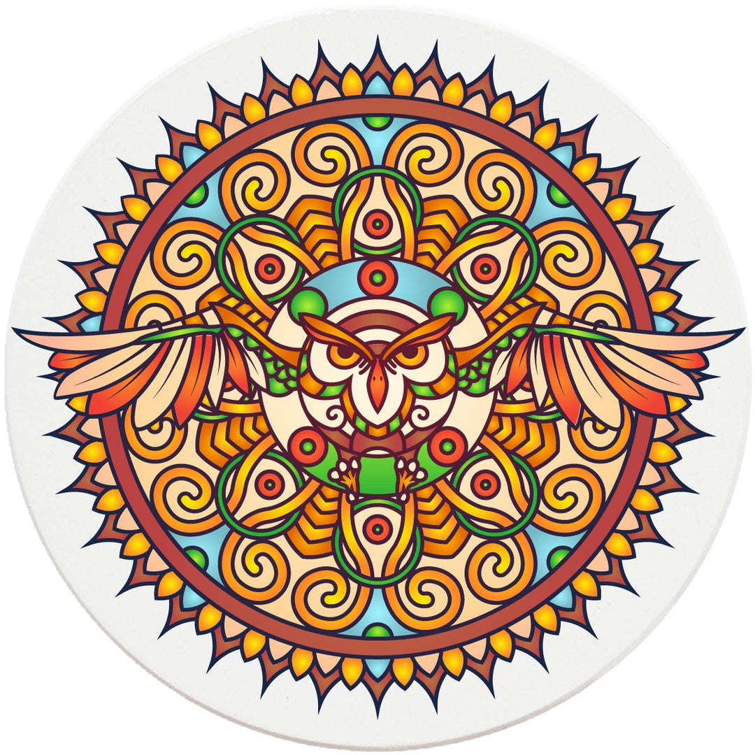 4" Round Ceramic Coasters - Mandala Owl, 4/Box, 2/Case, 8 Pieces