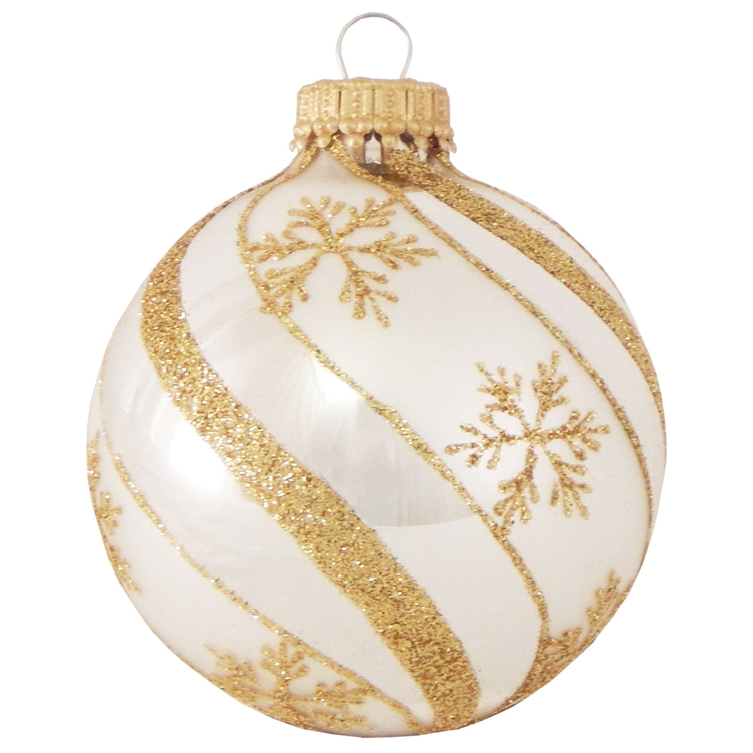 2 5/8" (67mm) Glass Ball Ornaments, Bright Silver - Gold Swirls and Snowflakes, 4/Box, 12/Case, 48 Pieces