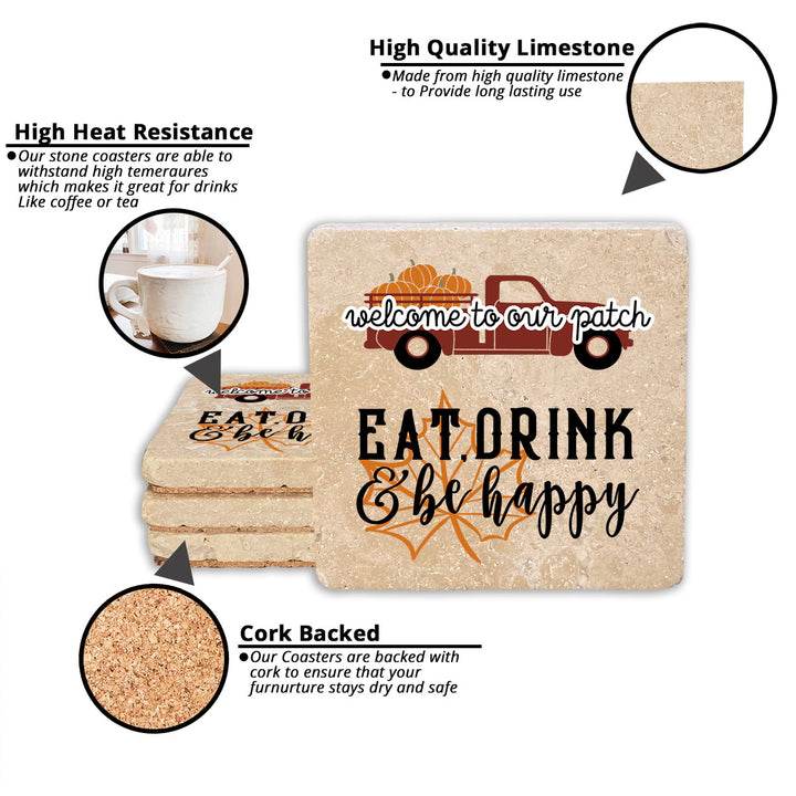 4" Absorbent Stone Fall Autumn Coasters, Welcome To Our Patch, Eat Drink & Be Happy, 2 Sets of 4, 8 Pieces